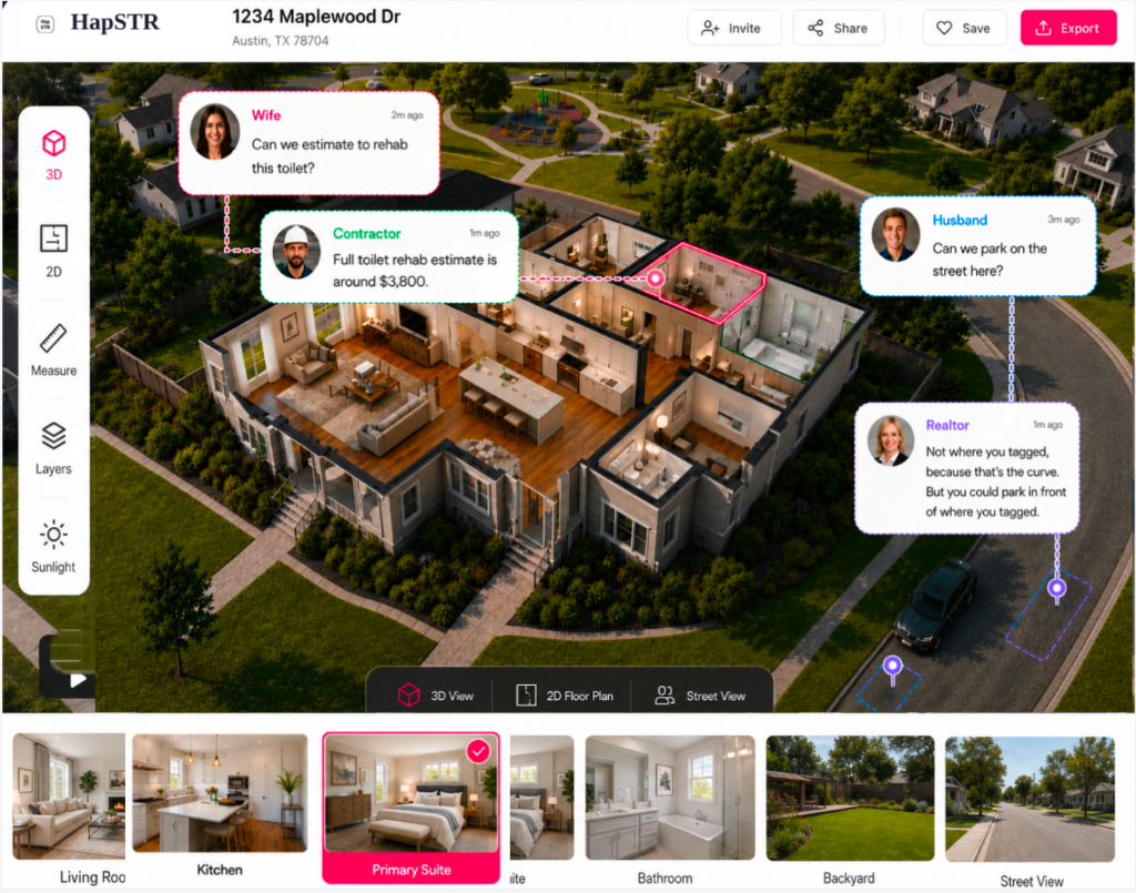 HapSTR interactive property workspace — 3D home cut-away with family and contractor comment bubbles, parking pins, and a room photo carousel