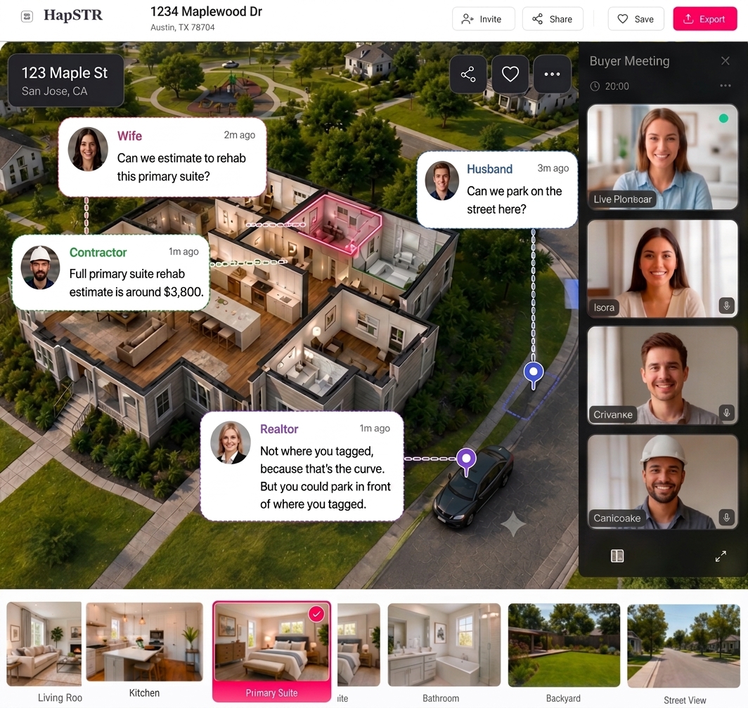 Hapstr collaboration workspace: 3D floor plan with pinned chat bubbles, live buyer meeting sidebar, and room thumbnail carousel