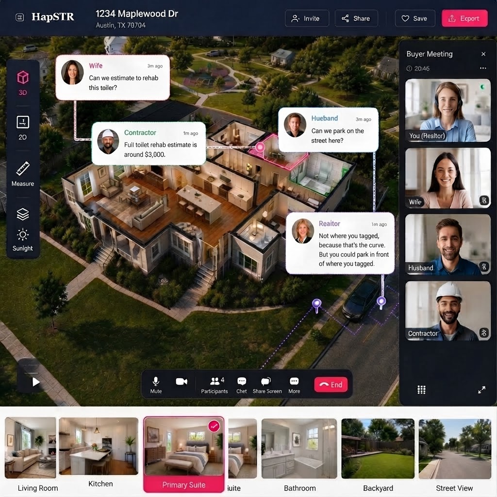 Hapstr collaborative 3D property walkthrough with pinned chat bubbles and live buyer meeting