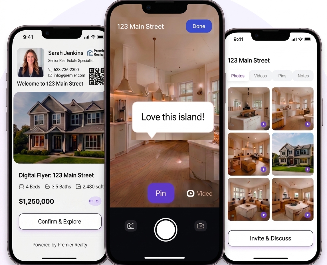 Hapstr capture workflow: listing summary with agent card, live camera with pinned notes, and organized media gallery