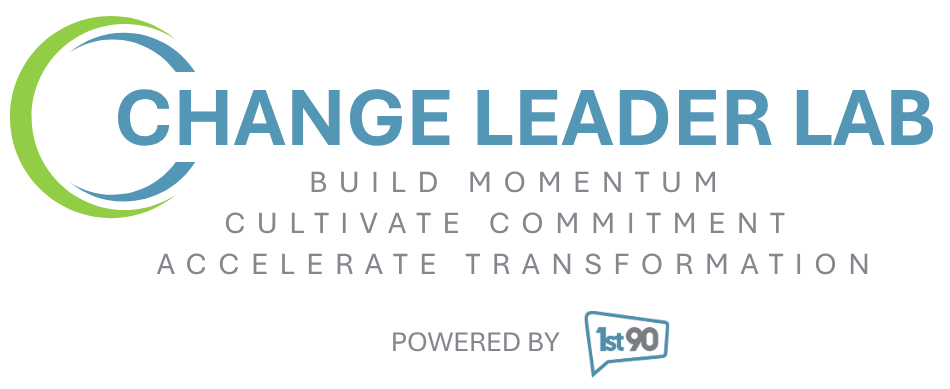 Change Leader Lab logo featuring a circular green and blue mark with the tagline Build Momentum, Cultivate Commitment, Accelerate Transformation, powered by 1st90