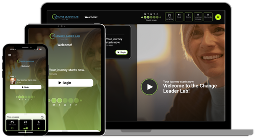 Change Leader Lab dashboard shown across a laptop, tablet, and smartphone with a welcome message, daily progress tracker, and metric cards