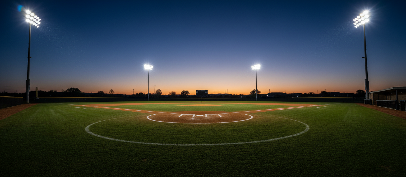 Softball field at twilight under stadium lights
