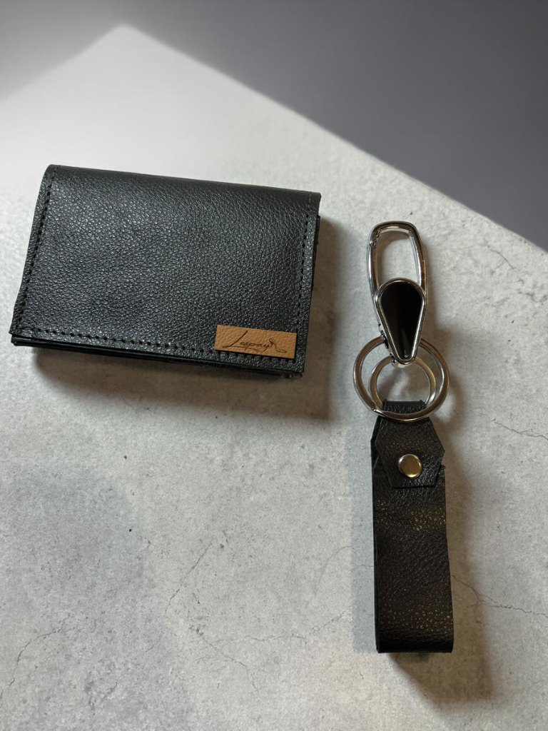 Set Billetera + Llavero Cuero - Negro