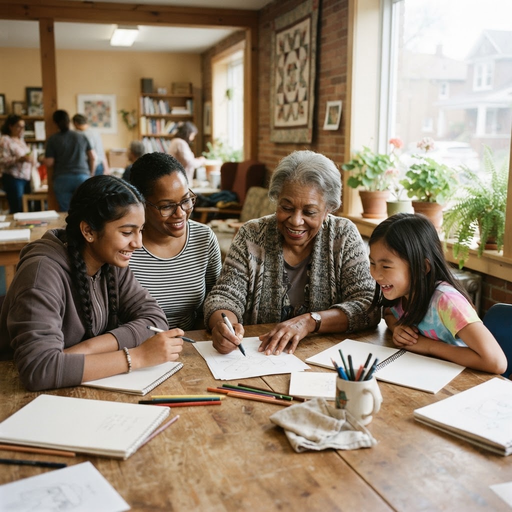 A diverse multi-generational group learning together at a sunlit table