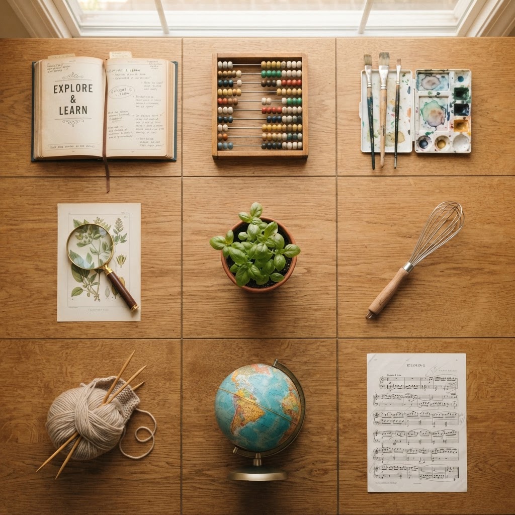 An organized flat-lay of learning tools from many disciplines