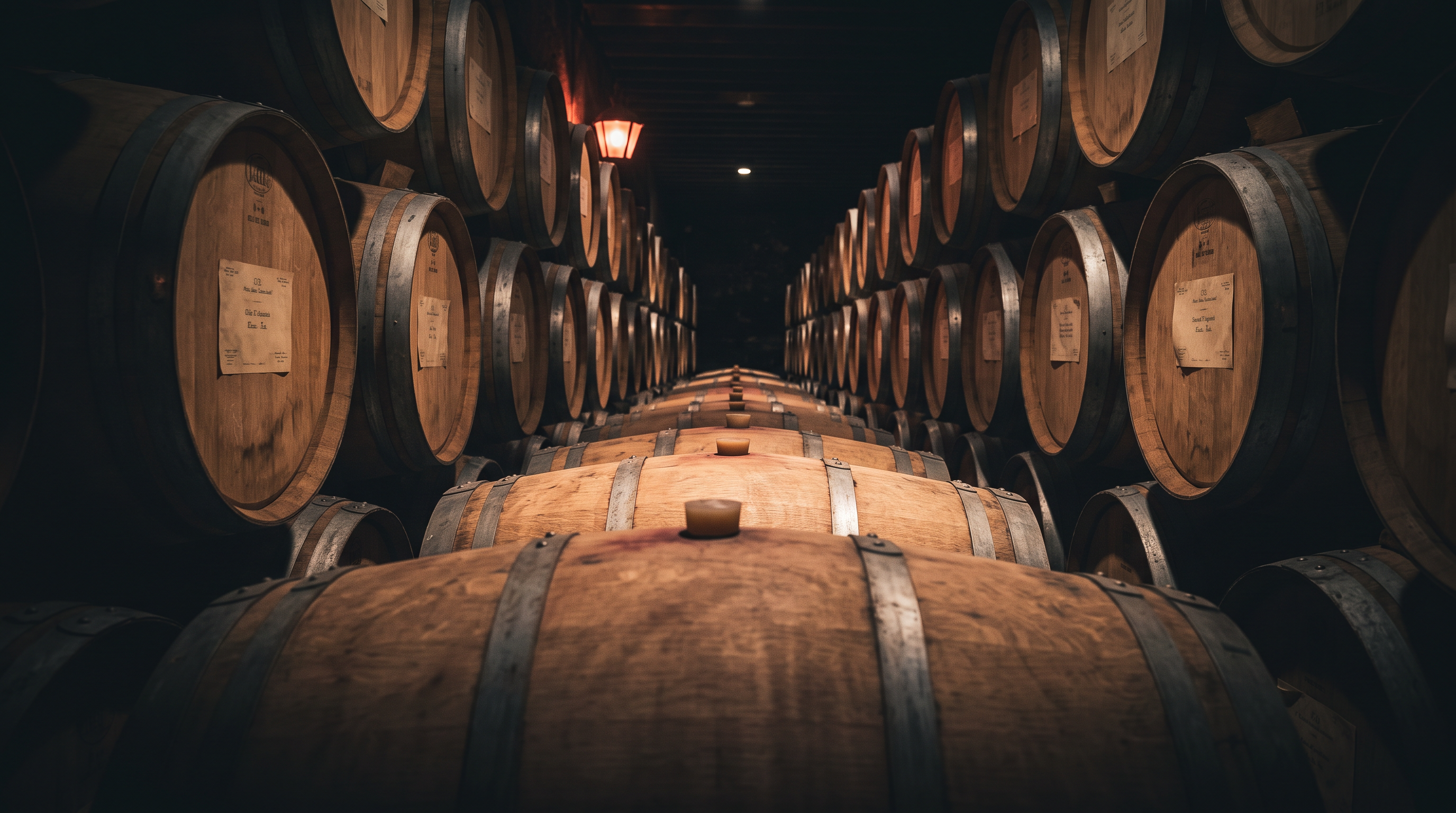 Oak barrels aging in a dim Ontario cellar