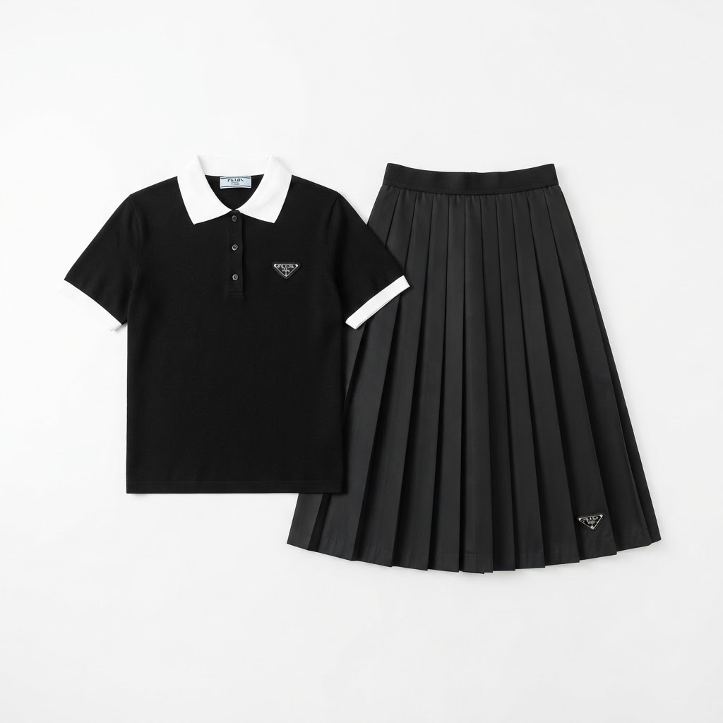 Prada Polo Shirt & Pleated Midi Skirt Set