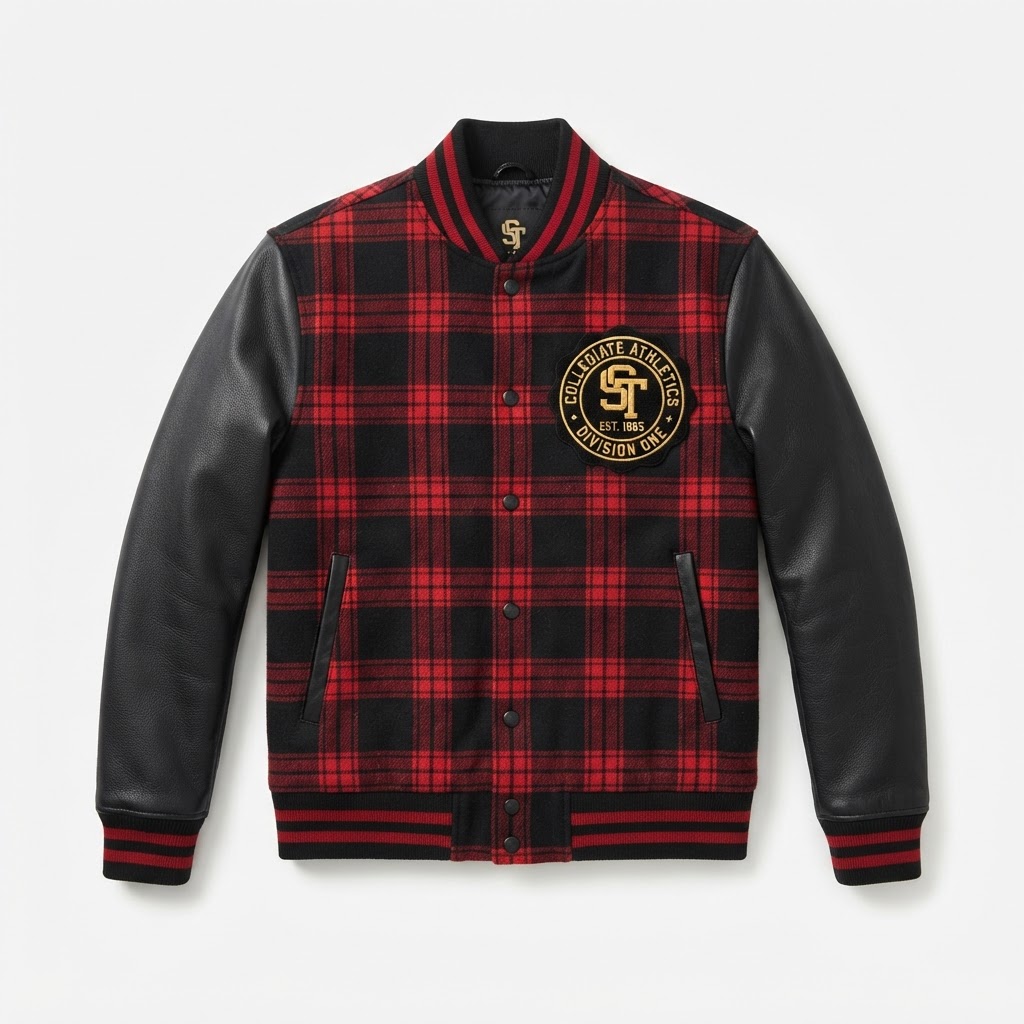 Plaid Varsity Jacket — Black / Red Plaid