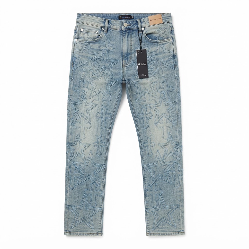 Purple Brand Stitched Star Straight Jeans — Light Blue