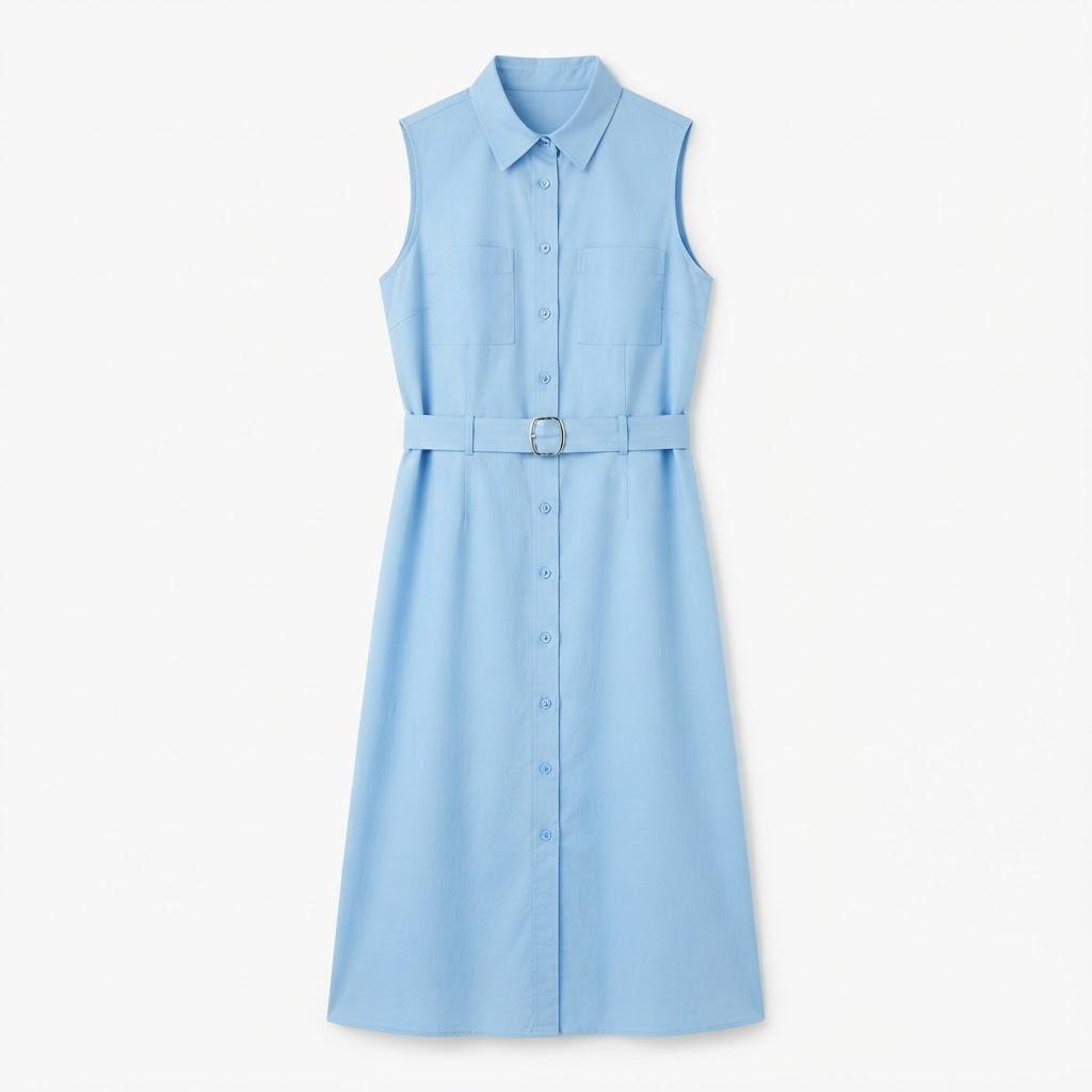 Sky Blue Sleeveless Belted Shirt Dress