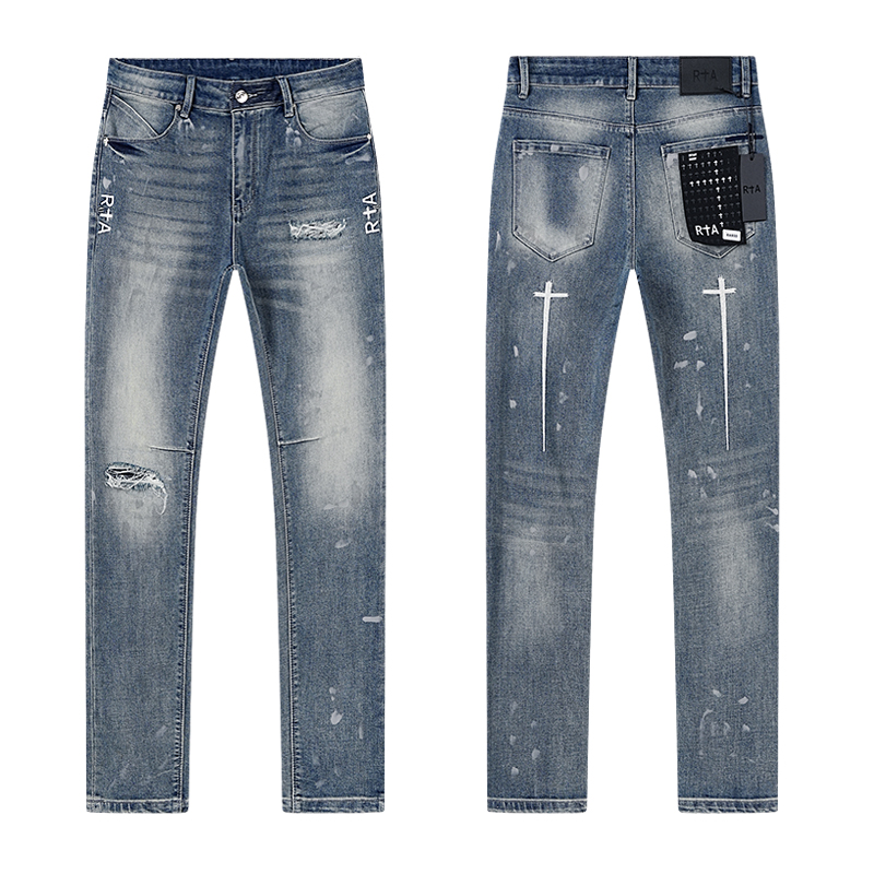 R+A Acid Wash Cross Print Slim Jeans — Medium Blue