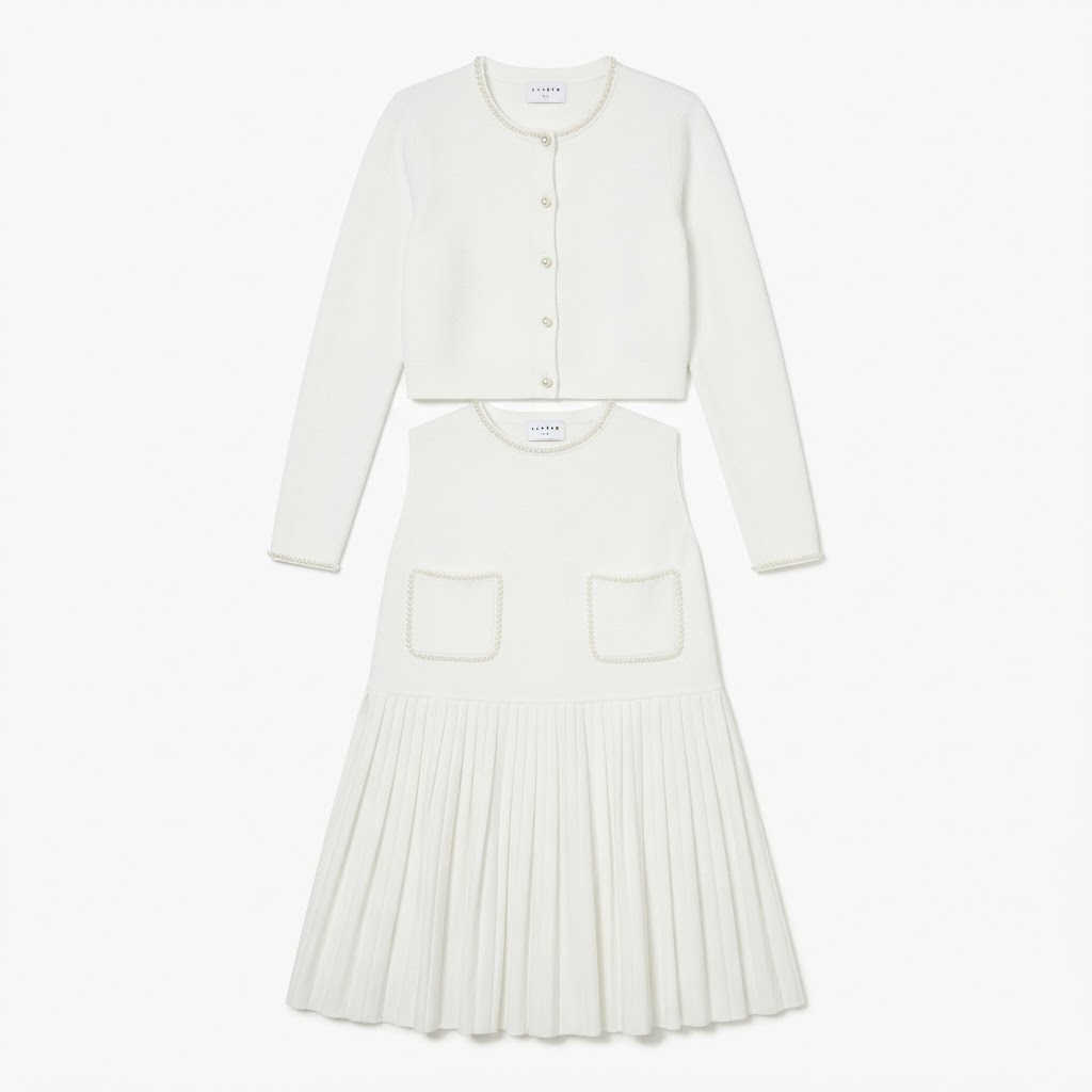 Sandro Paris White Pearl Cardigan & Dress Set