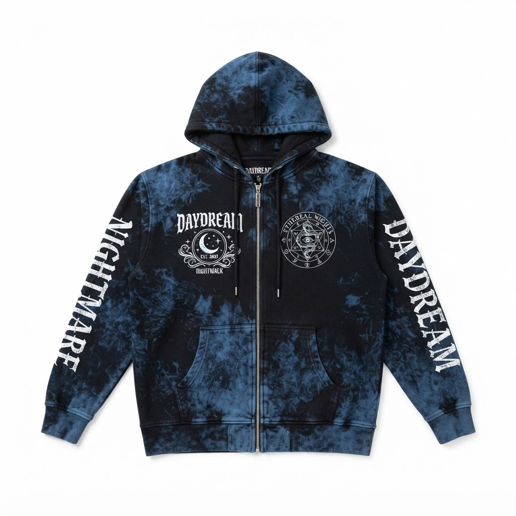 Daydream Acid-Wash Zip-Up Hoodie — Black/Blue