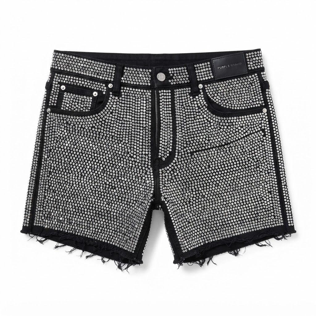 Purple Brand Full Rhinestone Denim Shorts — Black