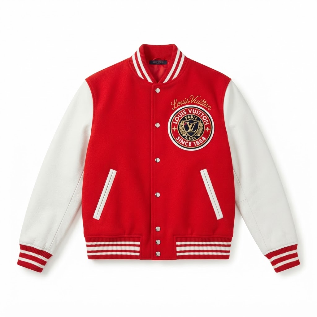 LV Varsity Jacket — Red Cursive Embroidery