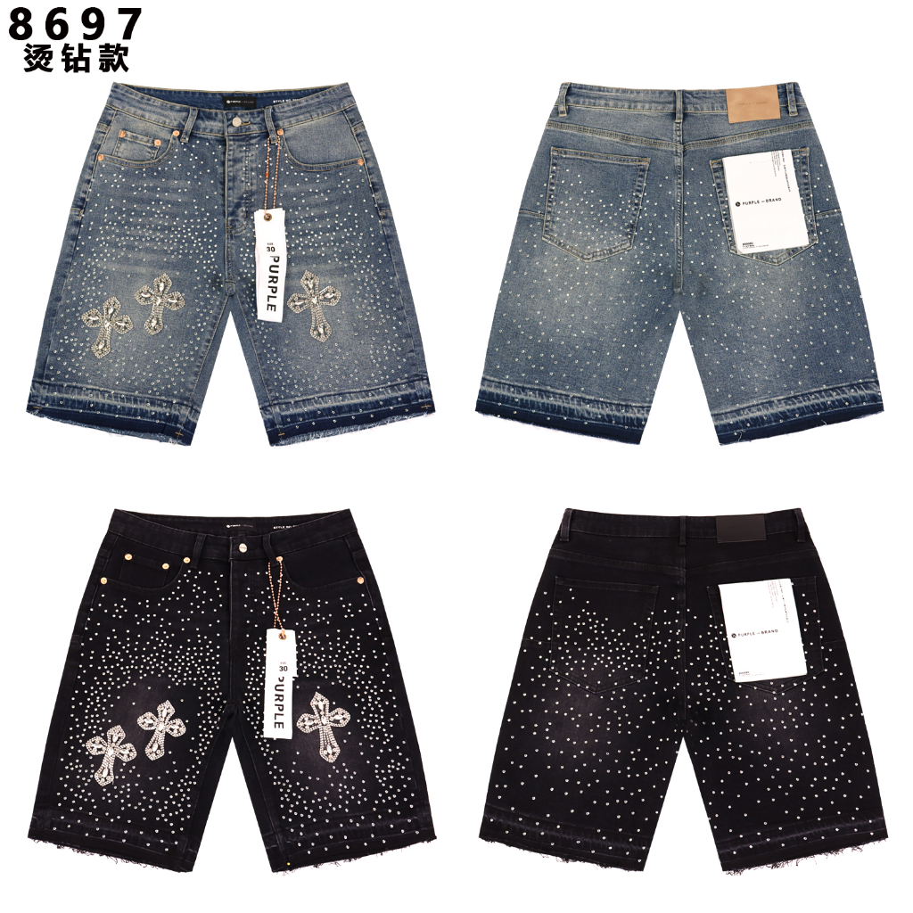 Purple Brand Rhinestone Cross Denim Shorts — Blue/Black