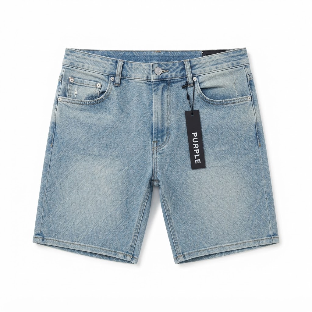 Purple Brand Diamond Pattern Denim Shorts — Light Blue