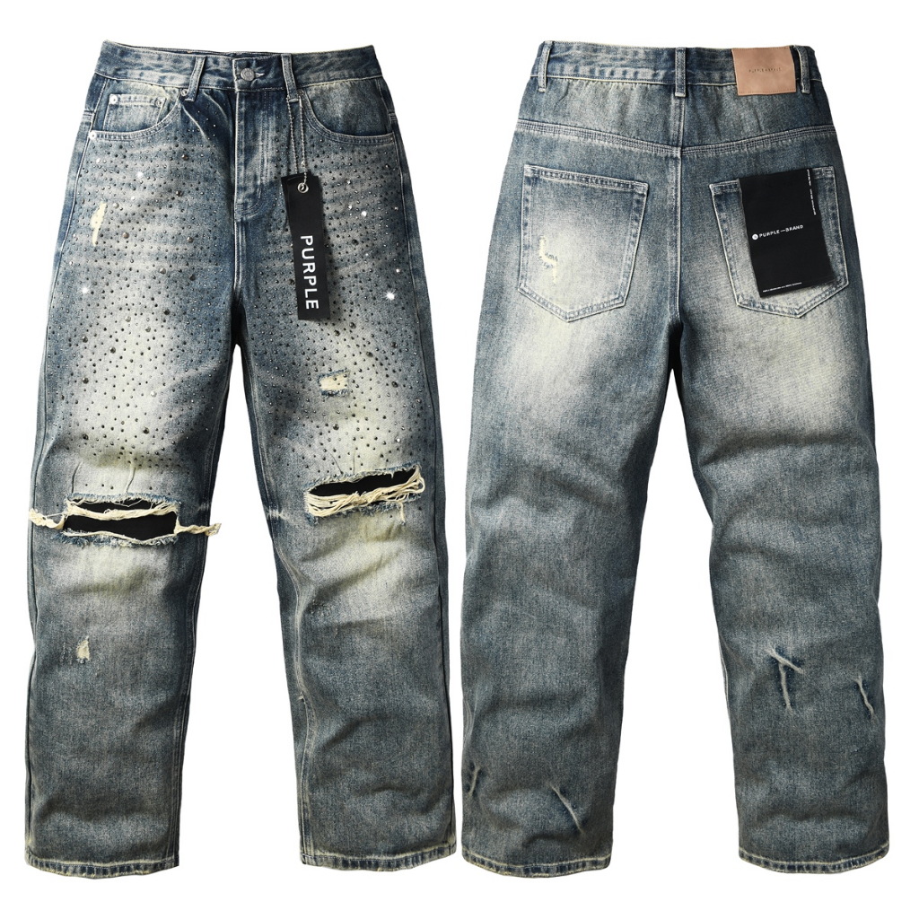 Purple Brand Distressed Rhinestone Jeans — Light Blue