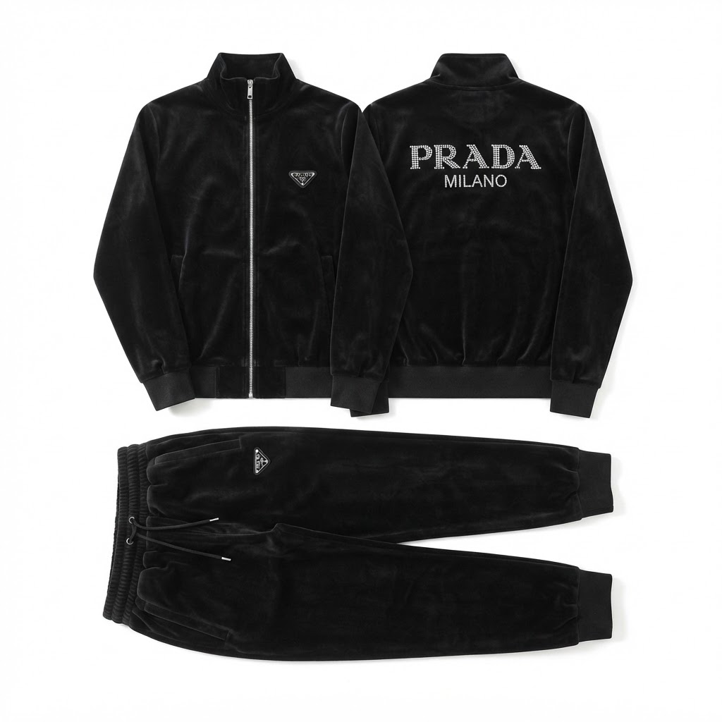 Prada Velour Crystal Logo Tracksuit Set