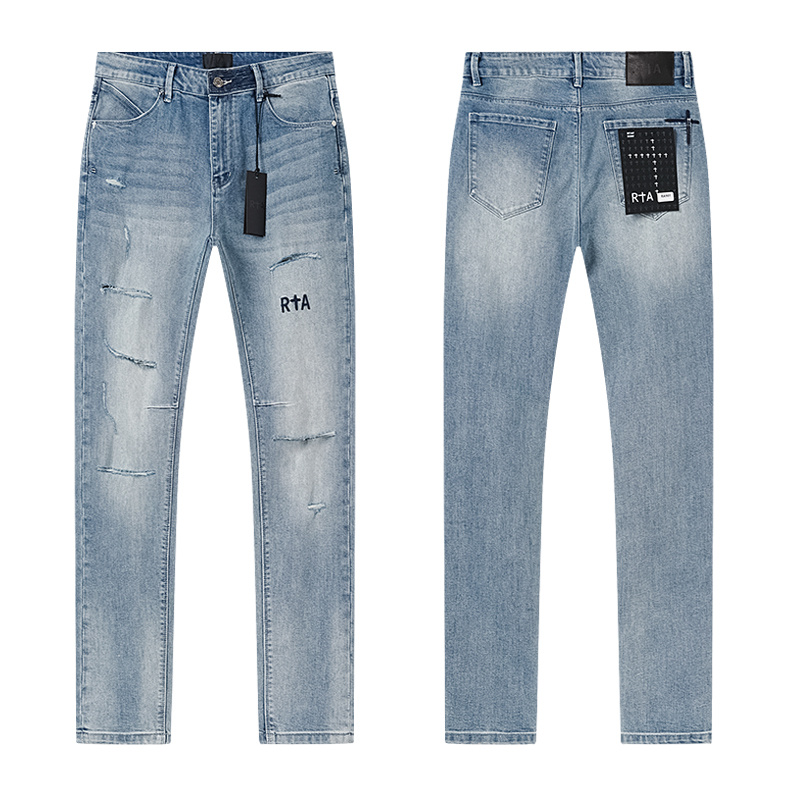 R+A Four Rip Distressed Slim Jeans — Medium Blue