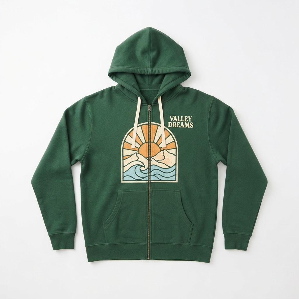 Valley Dreams Zip-Up Hoodie — Green Sun Wave