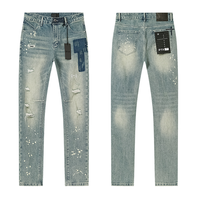R+A Patched Rip Paint Splatter Slim Jeans — Light Blue