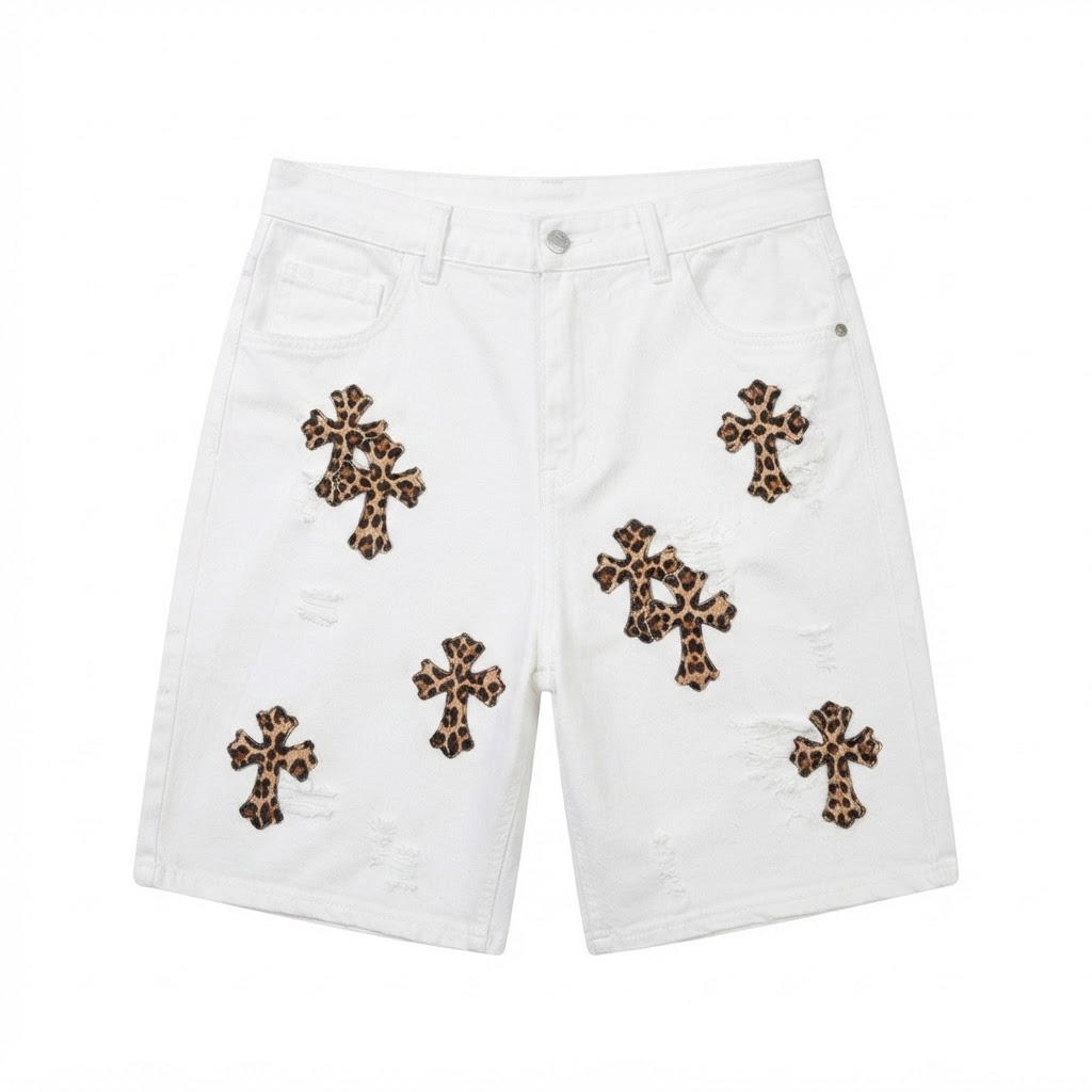 Chrome Hearts Leopard Cross Denim Shorts