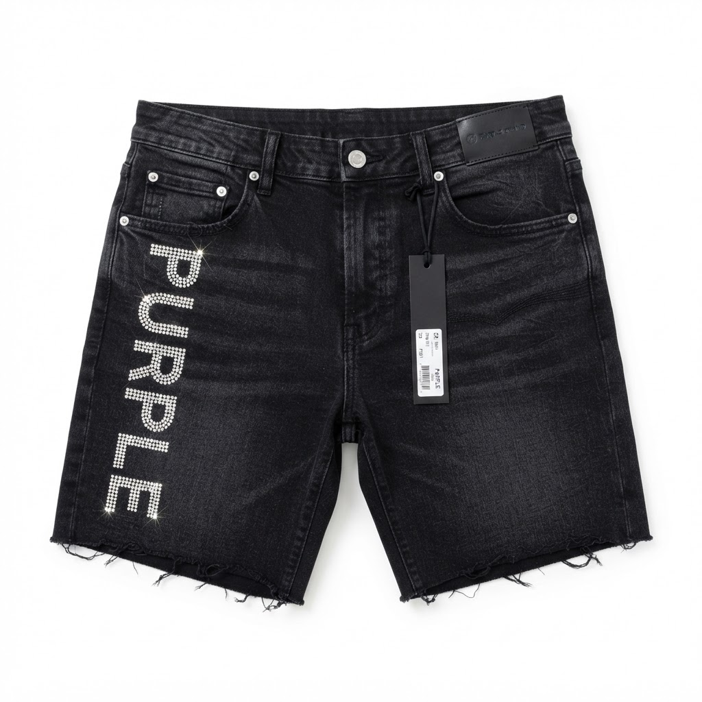 Purple Brand Rhinestone Logo Denim Shorts — Black