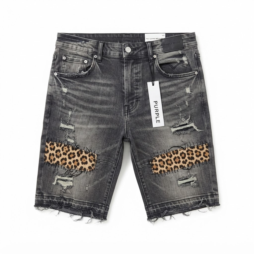 Purple Brand Leopard Patch Denim Shorts — Grey