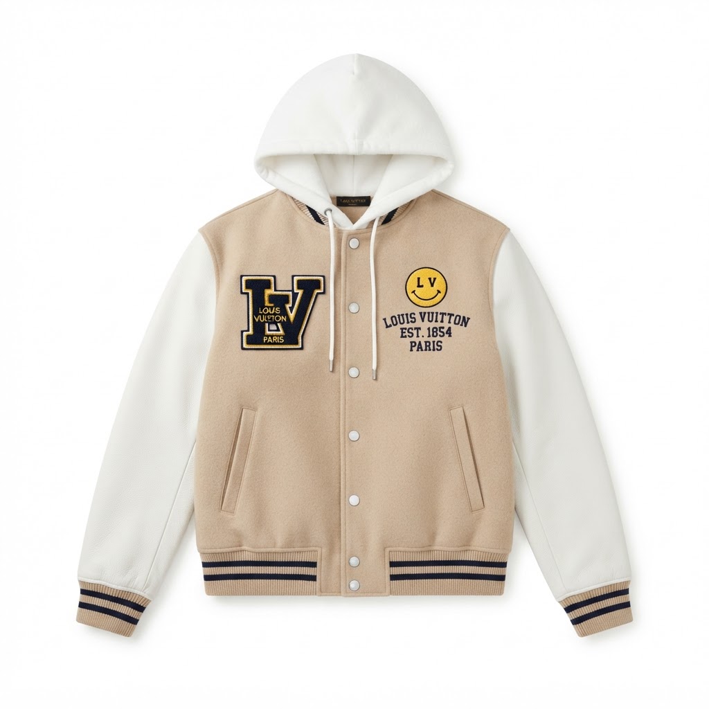 LV Hooded Varsity Jacket — Beige Smiley