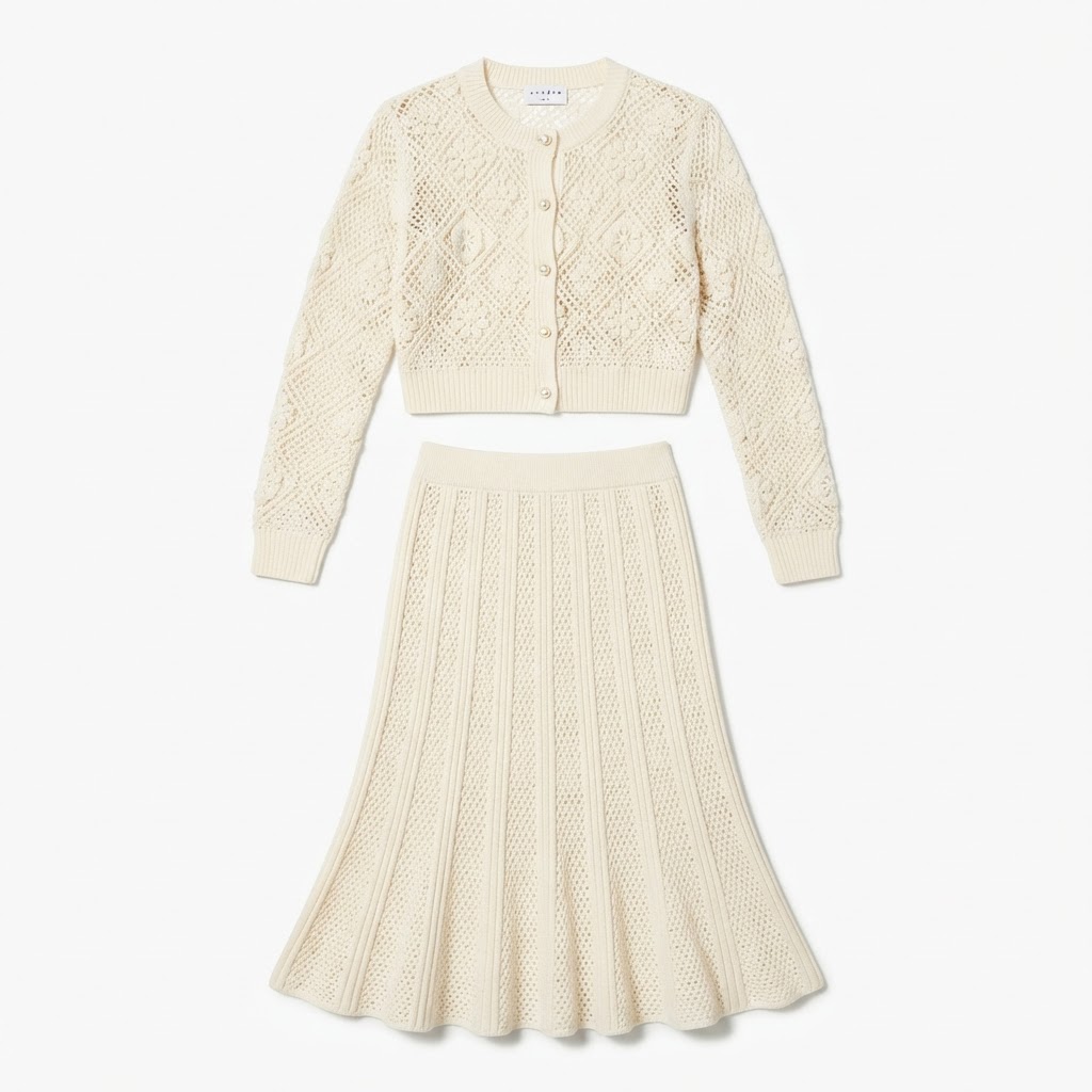 Sandro Paris Cream Crochet Cardigan & Skirt Set