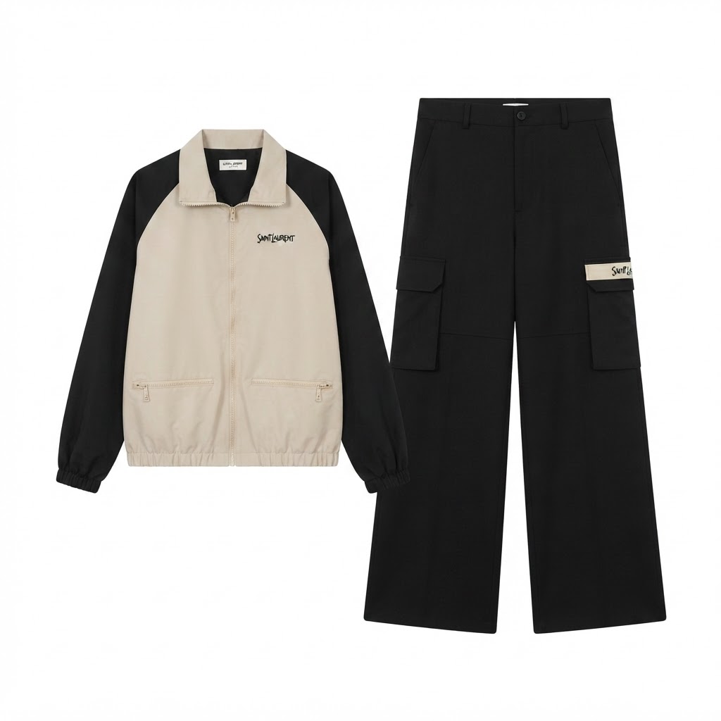 Saint Laurent Beige Bomber & Black Trousers Set