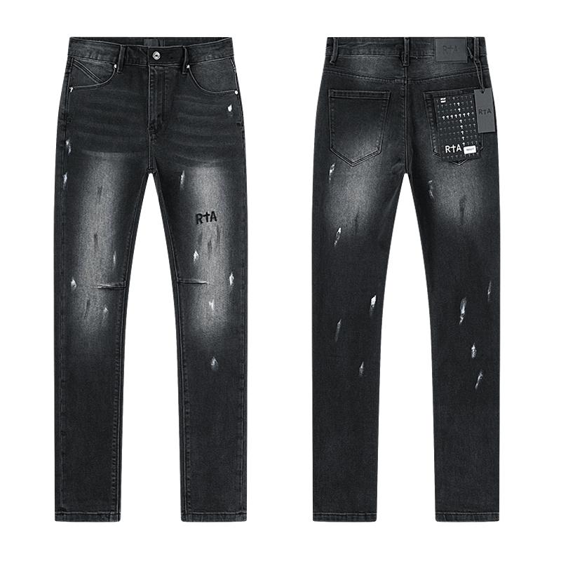 R+A Acid Wash Distressed Slim Jeans — Black