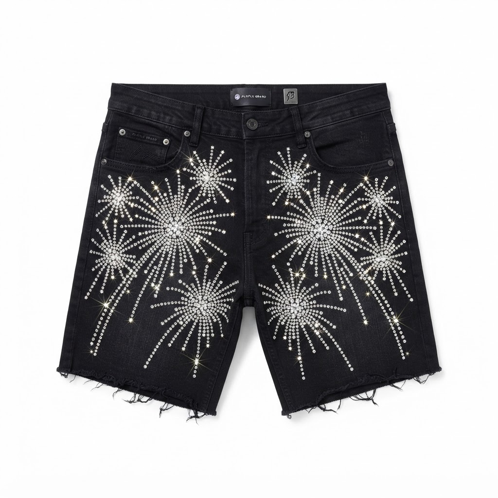 Purple Brand Firework Rhinestone Denim Shorts — Black