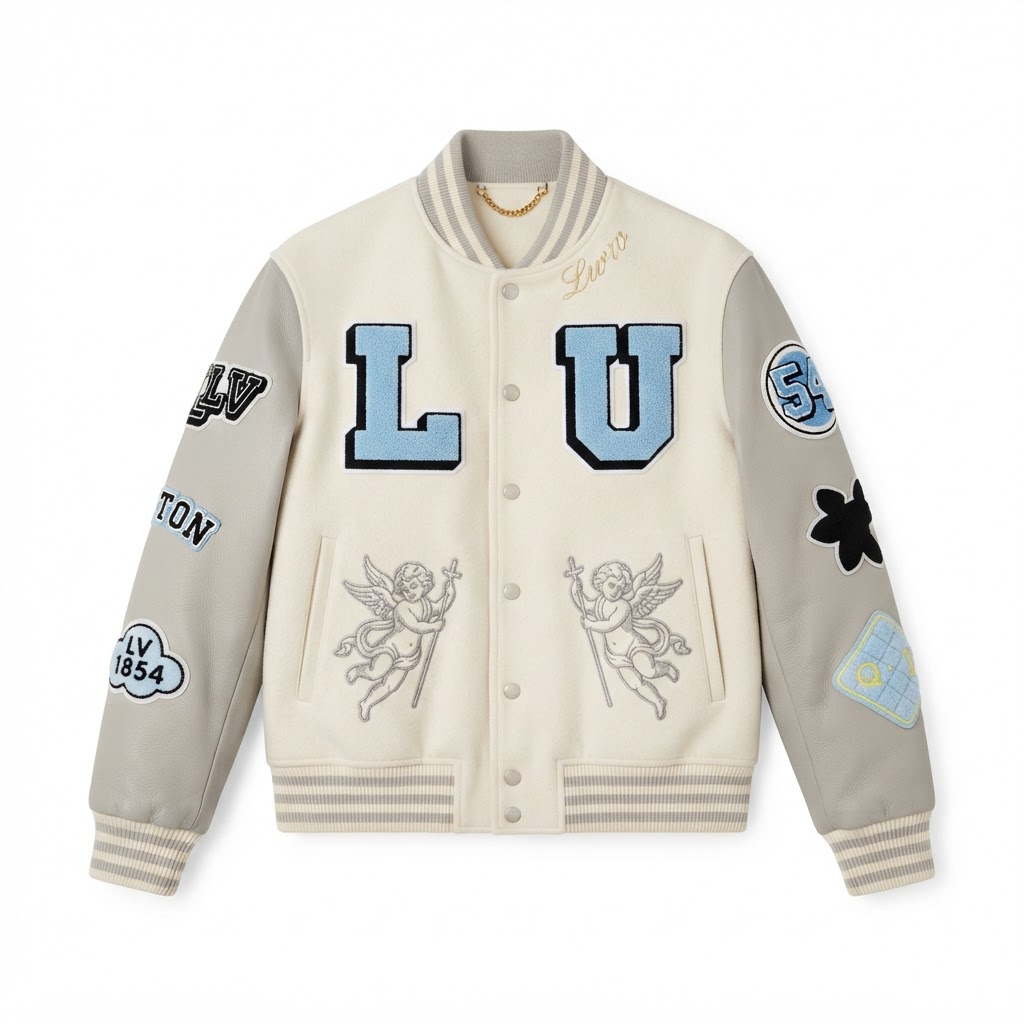 LV Varsity Jacket — Cream / Grey Leather Cherubs
