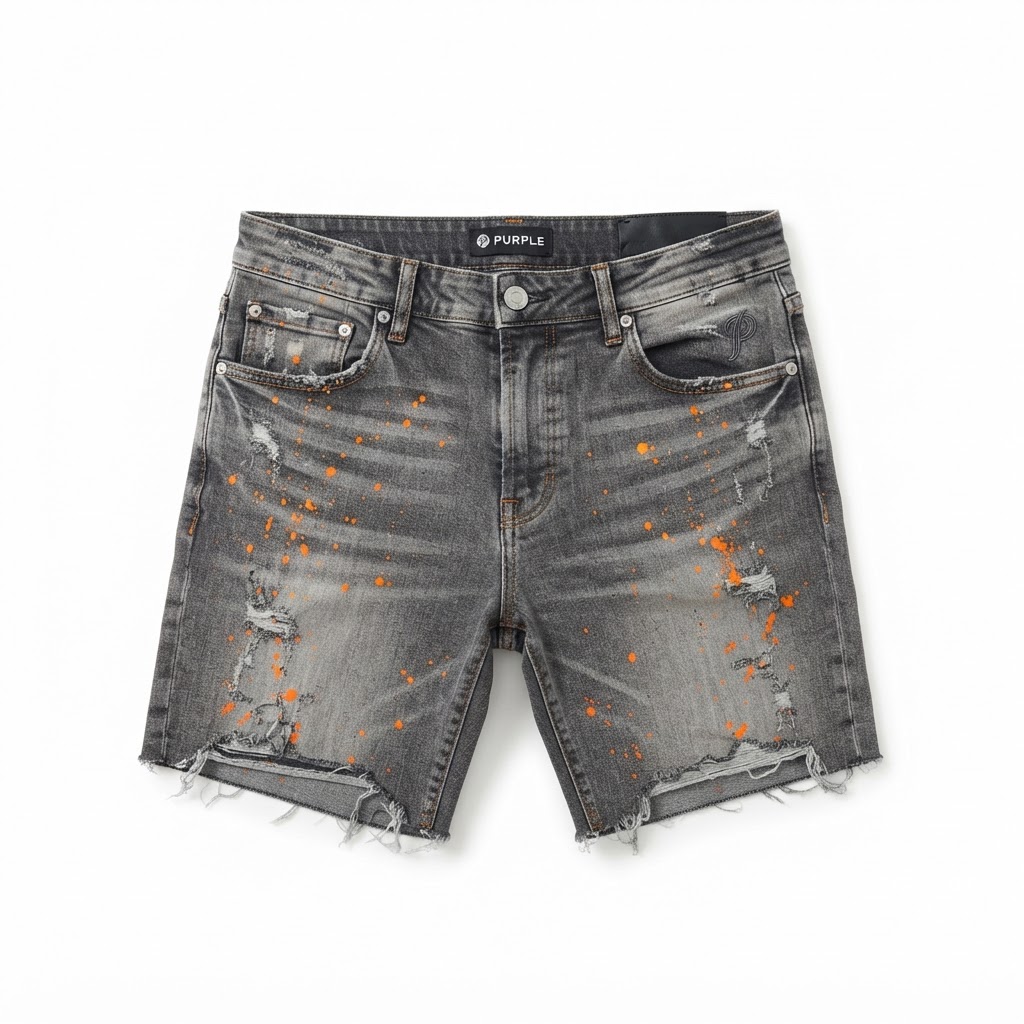 Purple Brand Orange Paint Splatter Denim Shorts — Grey