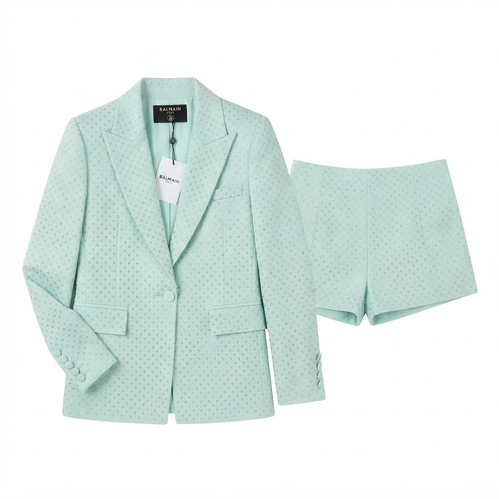 Balmain Rhinestone Stud Blazer & Shorts Set