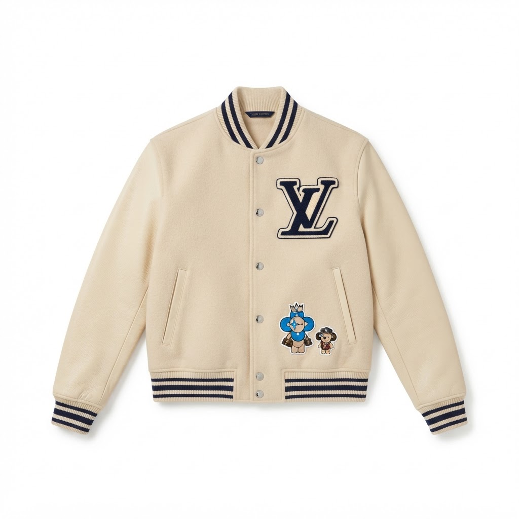 LV Varsity Jacket — Cream Cartoon Patches