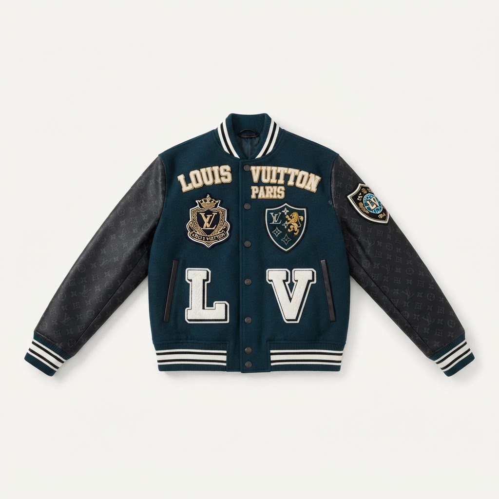 LV Varsity Jacket — Dark Teal Shield Patches