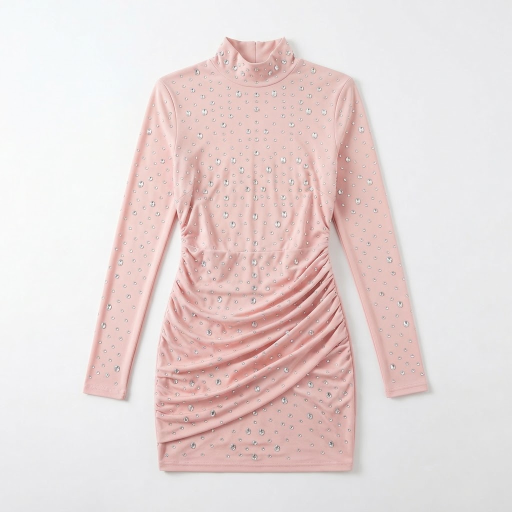 Crystal-Scattered Ruched Bodycon Mini Dress
