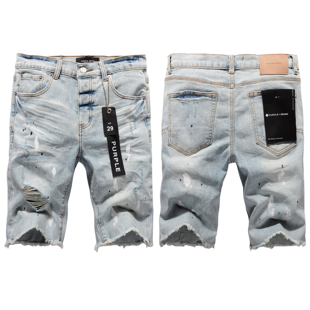 Purple Brand Distressed Slim Shorts — Light Blue