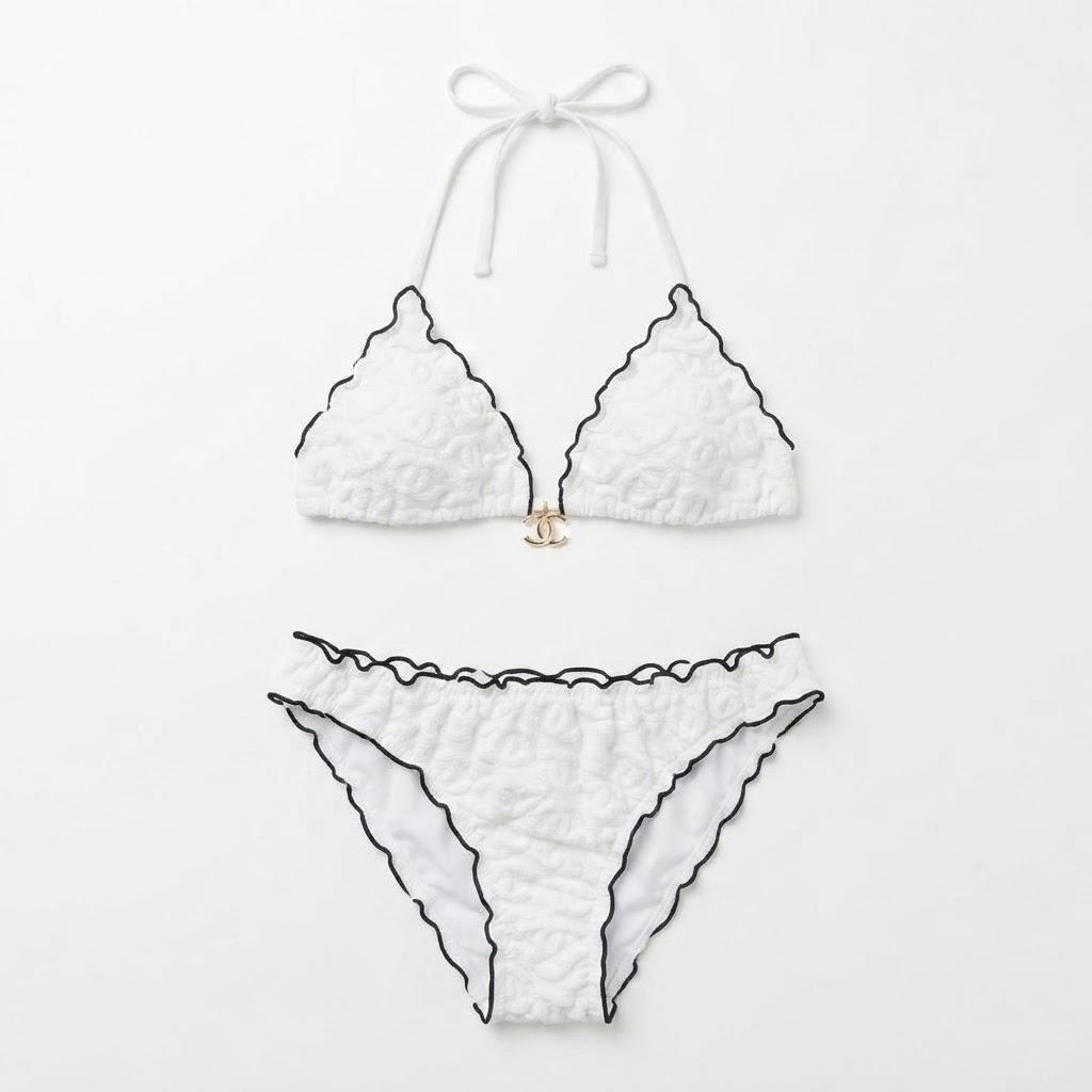 Chanel White Scalloped Bikini Set