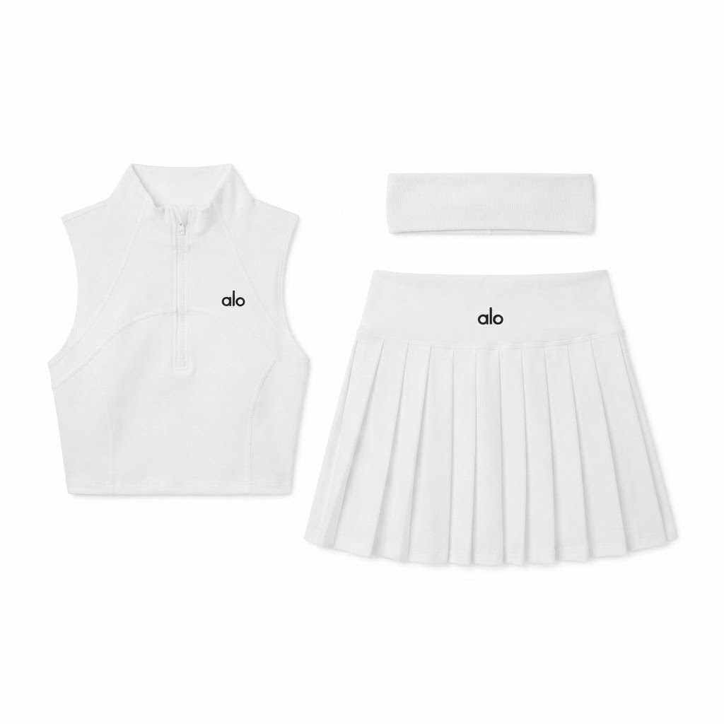 Alo Mock-Neck Zip Crop Top, Skirt & Headband Set