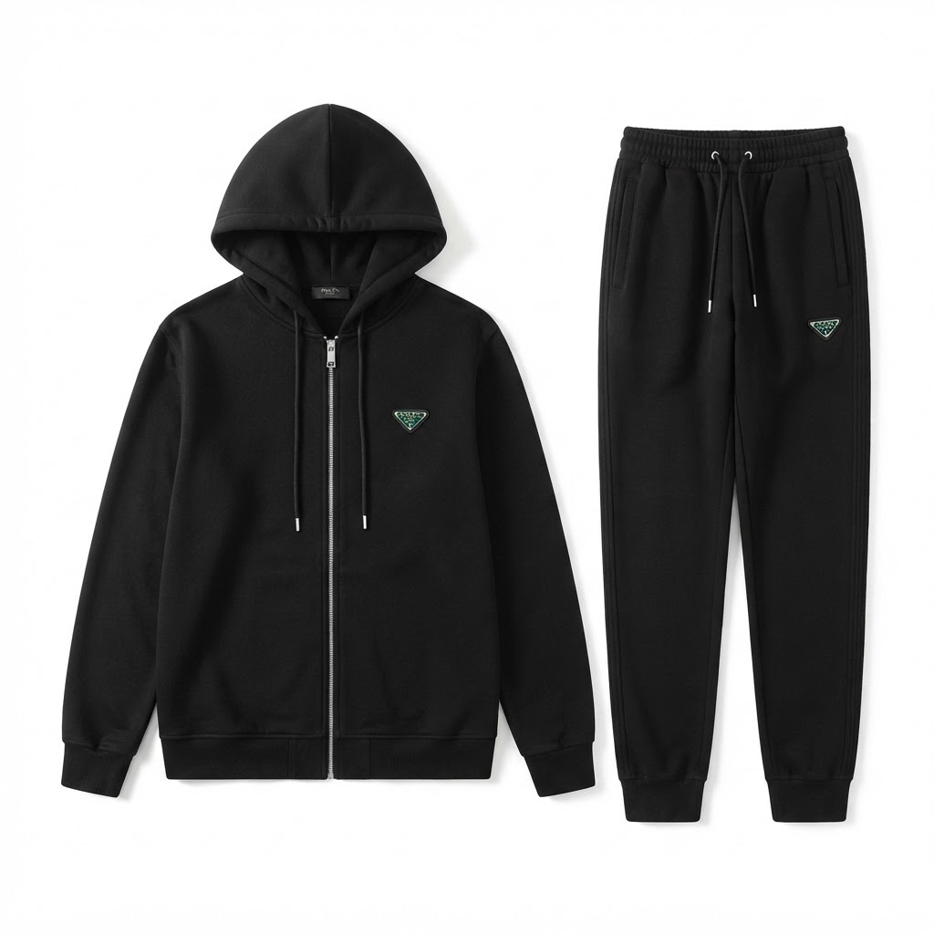 Prada Fleece Zip-Up Tracksuit — Black / Green Triangle