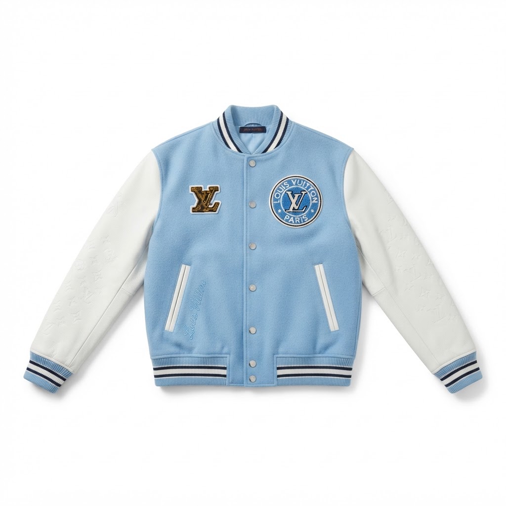 LV Varsity Jacket — Light Blue Cursive