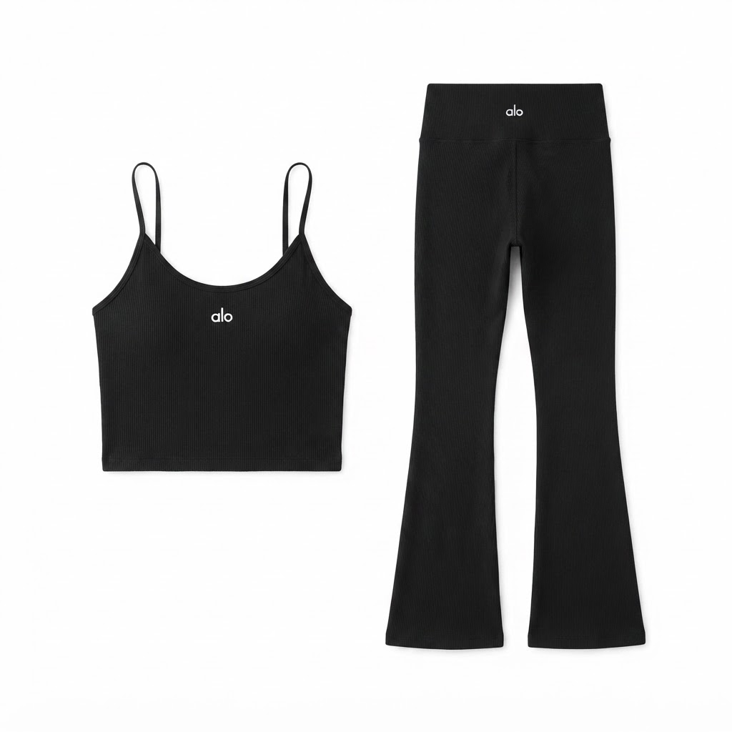 Alo Ribbed Crop Top & Flared Leggings Set