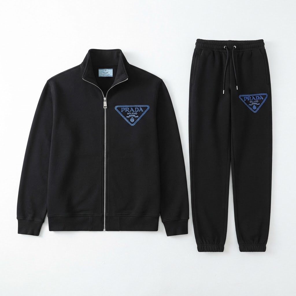 Prada Fleece Tracksuit — Black / Crystal Diamond Triangle