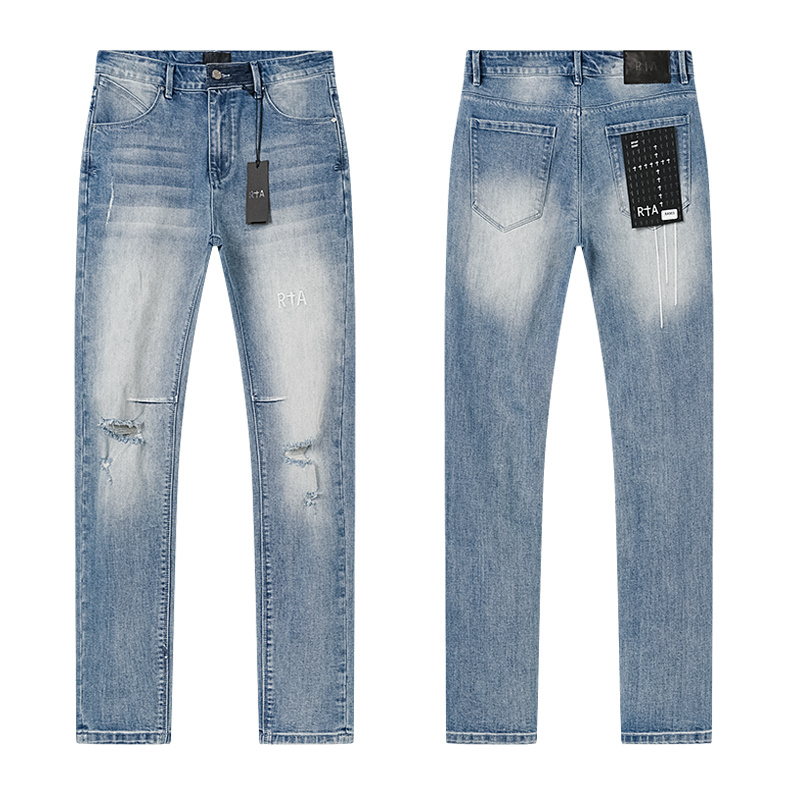 R+A Distressed Paint Drip Slim Jeans — Light Blue