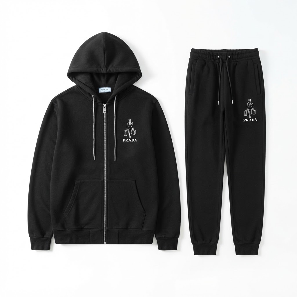 Prada Fleece Zip-Up Tracksuit — Black / Man Illustration